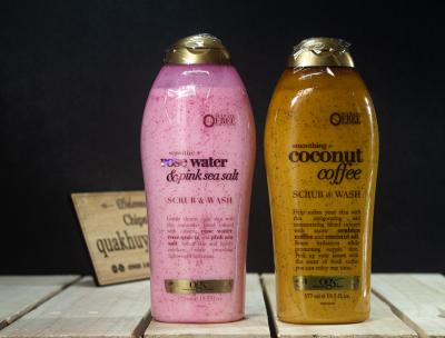 Sữa tắm tẩy tế bào chết OgX sensitive + ROSE WATER & pink sea salt / Coconut Coffee Scrub & Wash ( Chai 577ml)